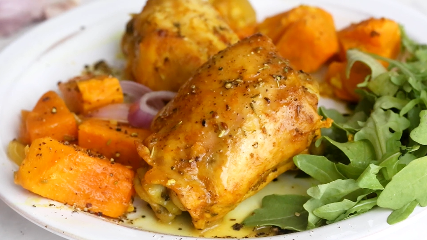 Turmeric Roasted Chicken and Sweet Potatoes Recipe